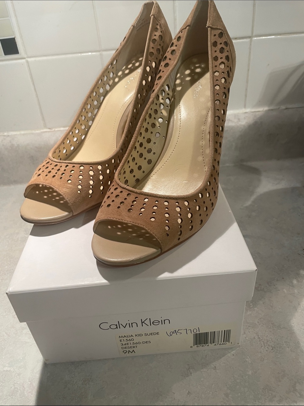 Calvin Klein Malia Desert Tan Suede Perforated Peep-Toe Heels